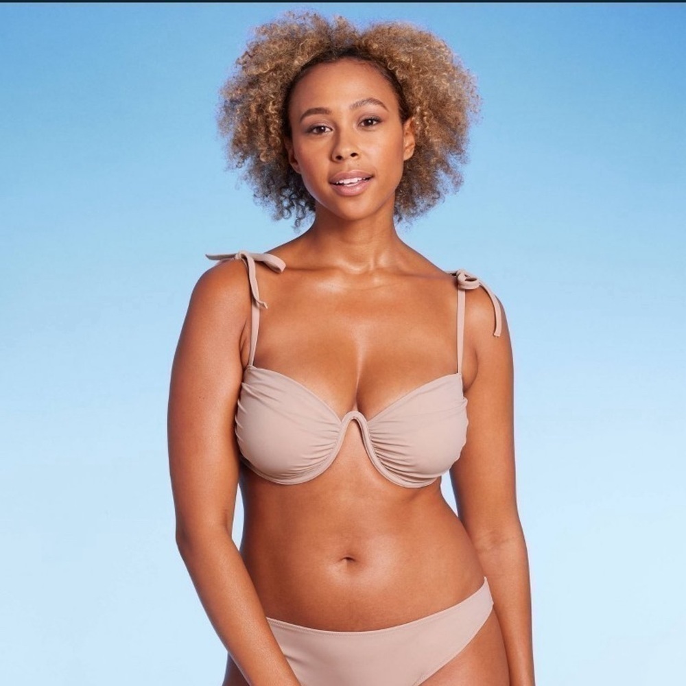 Shoulder tied shirred underwire bikini top